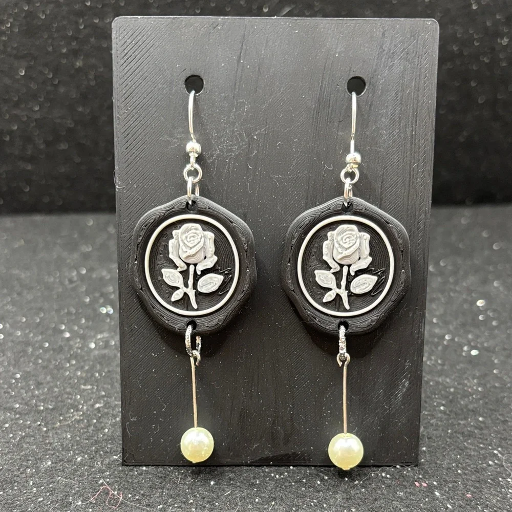 Black & Silver Rose Postage Stamp Earrings with Pearl Drop